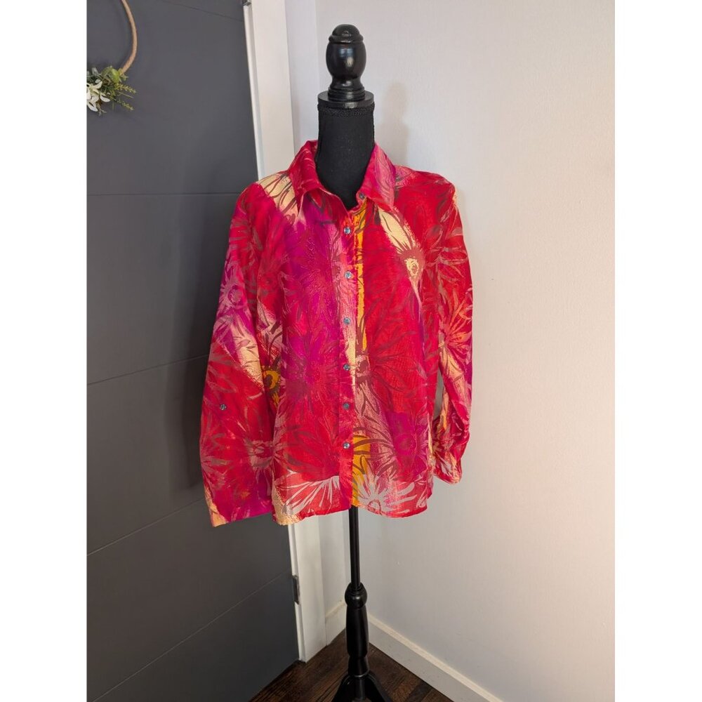 Notationsā Women's Red/Multicolor Floral Semi-Sheer Button-Up Blouse w/ Shell XL